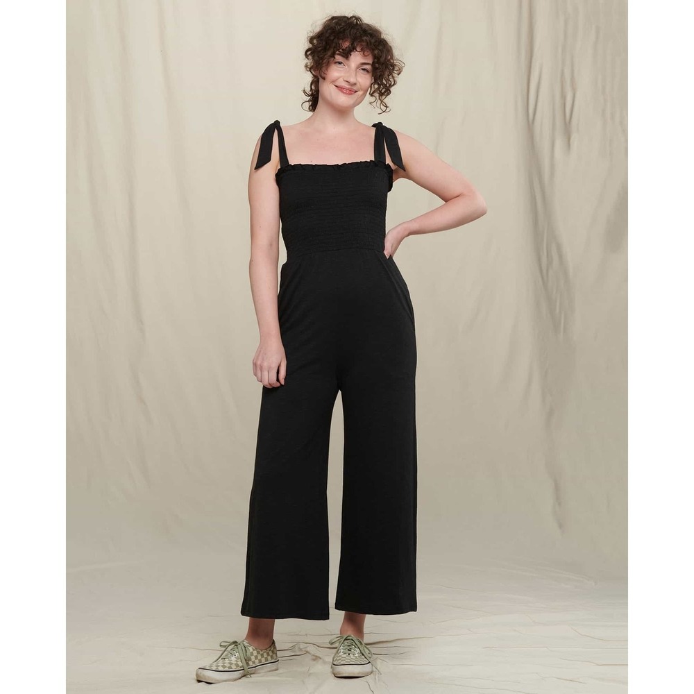Toad & Co Organic Cotton Jumpsuit Black Smocked Tie Shoulder Wide Leg NWT Size S